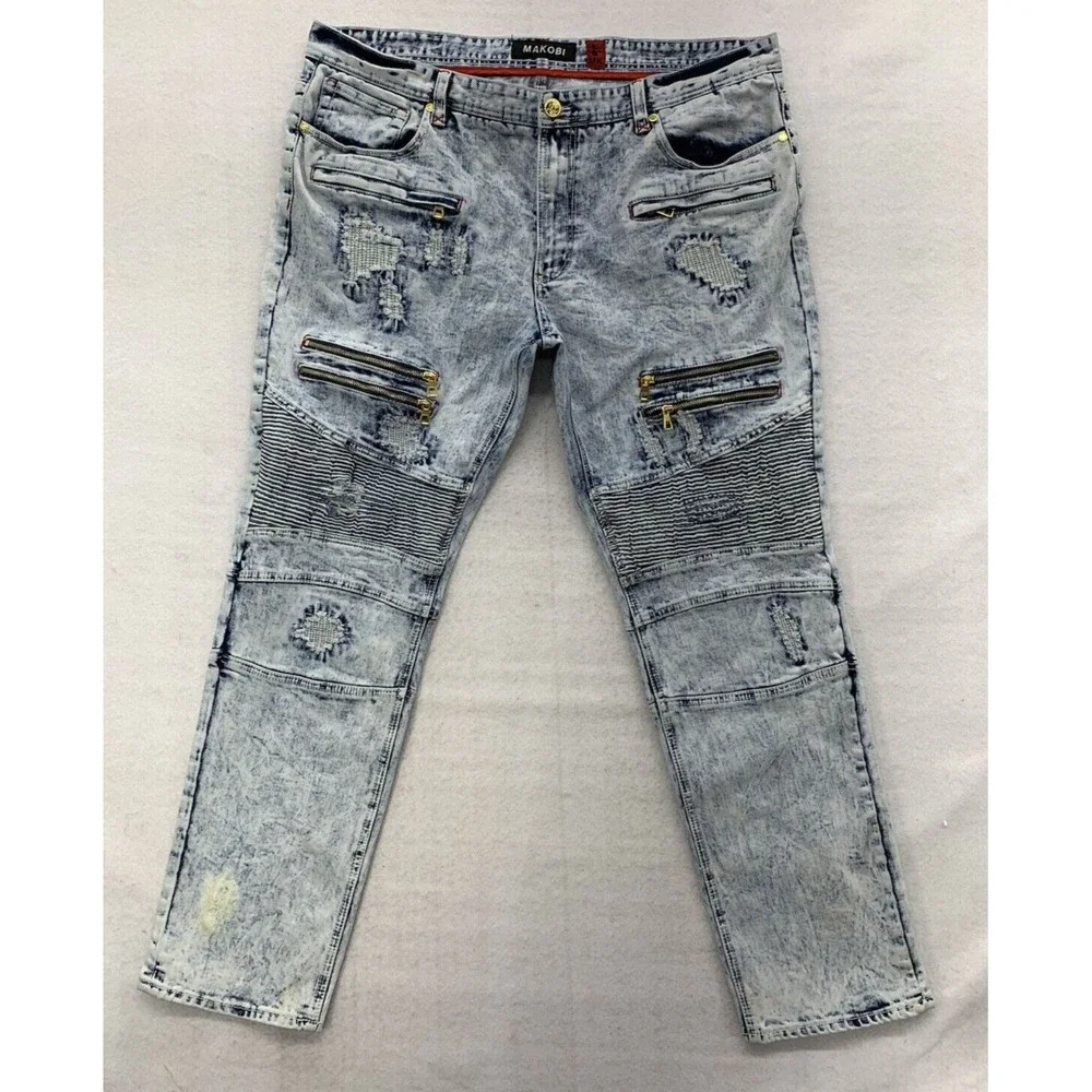 Makobi Denim Jeans Men's 40X32 Stonewash Moto Biker Factory Distressed Destroyed